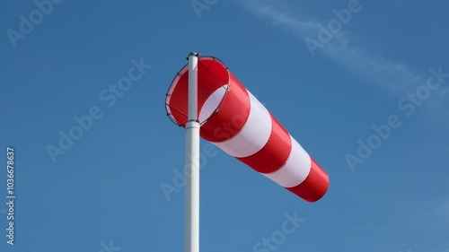 A red and white striped windsock on a pole in strong wind against a blue sky.
