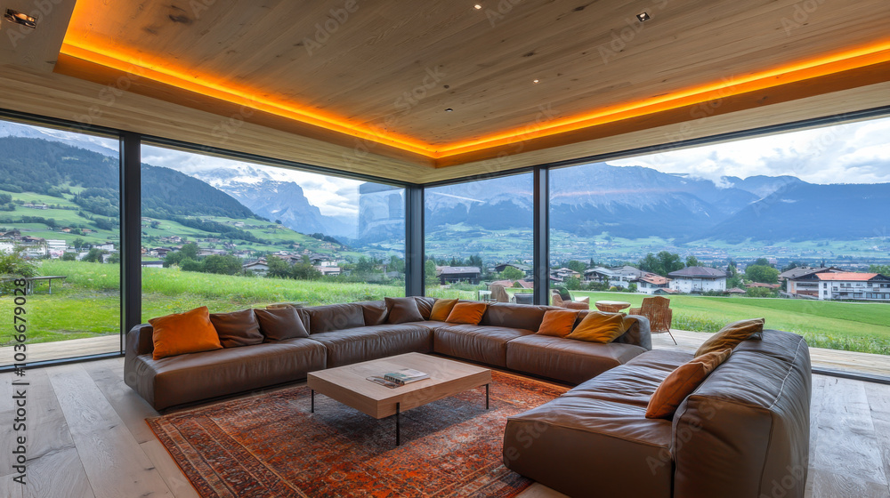 Fototapeta premium Stylish modern living room with curved sectional sofa and large windows overlooking a lush outdoor landscape