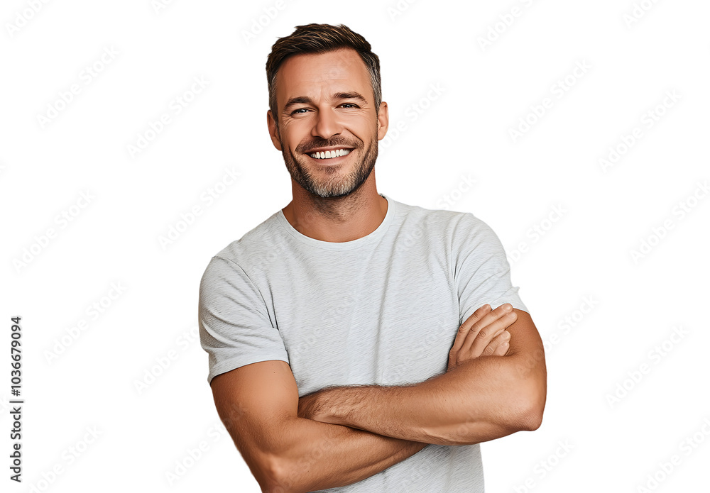 Happy smiling handsome man with crossed arms looking to camera over beige background Happy smiling handsome man with crossed arms looking to camera over beige background