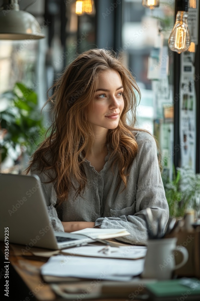 Thoughtful businesswoman working in a modern workspace, Generative AI Thoughtful businesswoman working in a modern workspace, Generative AI