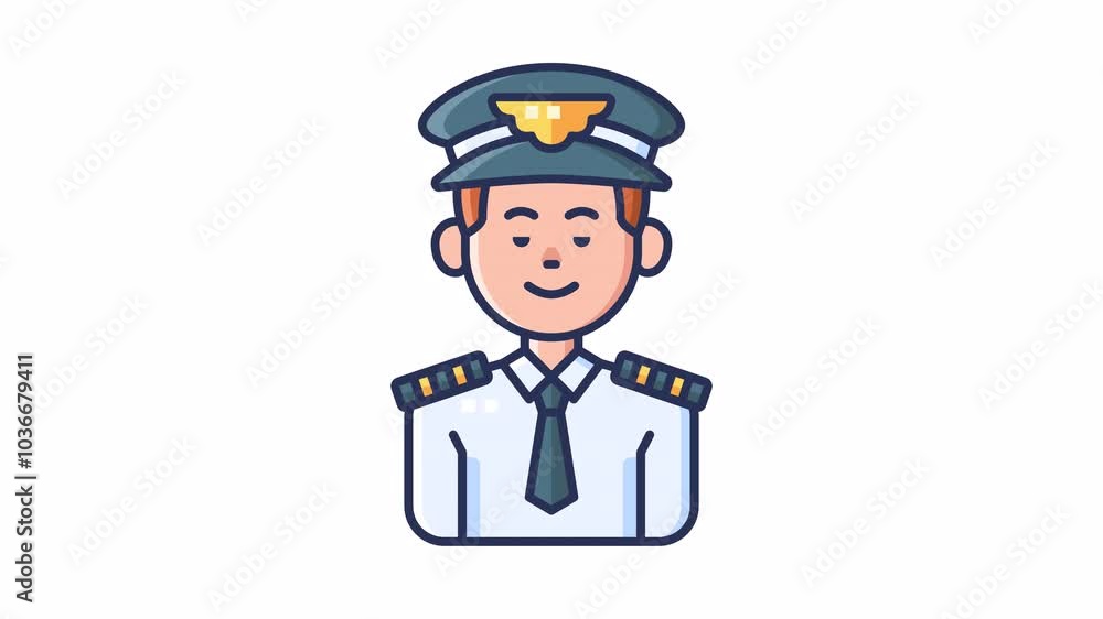 Animated avatar of a male pilot wearing a uniform and cap, representing the aviation profession. Animated avatar of a male pilot wearing a uniform and cap, representing the aviation profession.