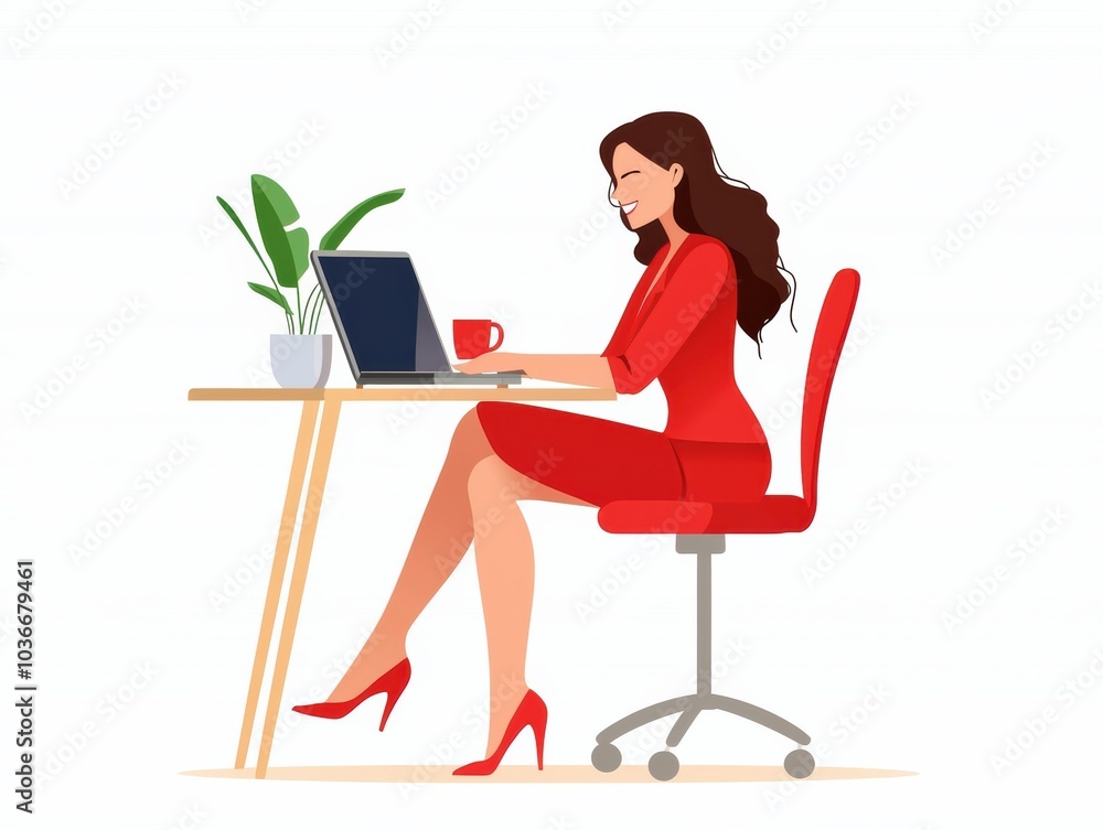 Professional Woman Working at a Desk with Laptop and Coffee in a Stylish Red Dress Professional Woman Working at a Desk with Laptop and Coffee in a Stylish Red Dress