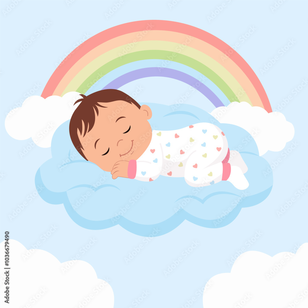A cute baby sleeping on a fluffy blue cloud. The baby is wearing cute pajamas.Sleeping newborn toddler card design with clouds and rainbow. Vector Illustration A cute baby sleeping on a fluffy blue cloud. The baby is wearing cute pajamas.Sleeping newborn toddler card design with clouds and rainbow. Vector Illustration