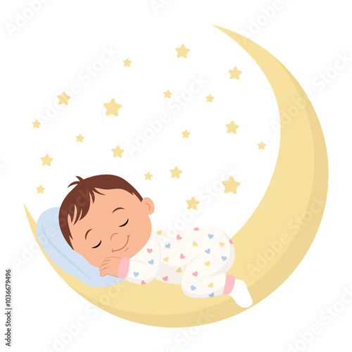 A cute baby sleeping on the moon. The baby is wearing cute pajamas with a hearts. Concept of newborn comfort sleep. Vector illustration