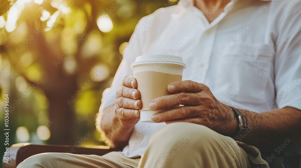 Middle-aged man with slight tremor holding cup of coffee on park bench, symbolizing struggle with Parkinson's disease, calm natural setting. Middle-aged man with slight tremor holding cup of coffee on park bench, symbolizing struggle with Parkinson's disease, calm natural setting.