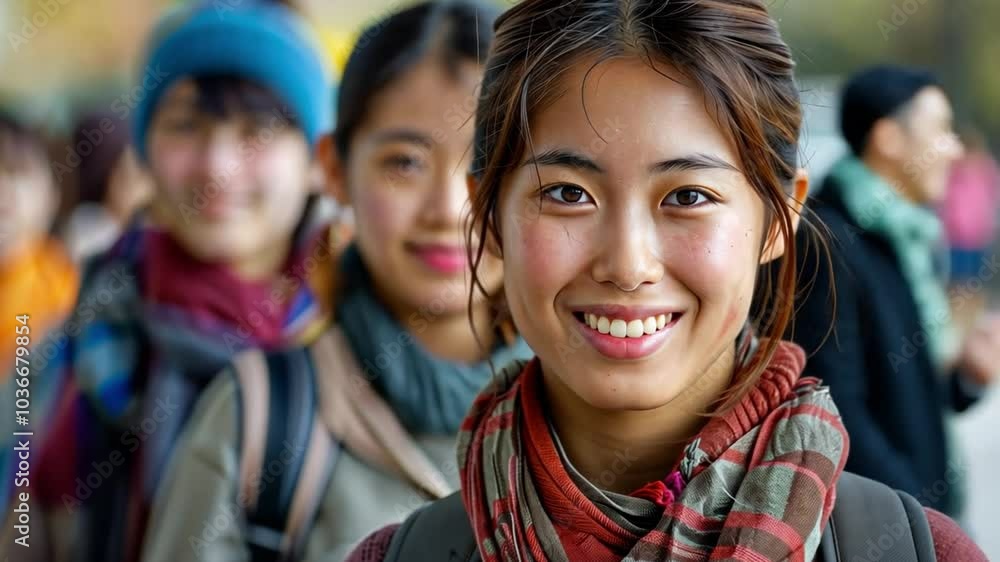 A group of young women stands in line, smiling joyfully as they enjoy a sunny day outdoors in an urban area. Their casual outfits and vibrant scarves add to the cheerful atmosphere. A group of young women stands in line, smiling joyfully as they enjoy a sunny day outdoors in an urban area. Their casual outfits and vibrant scarves add to the cheerful atmosphere.
