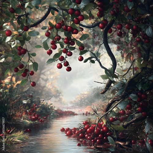 Enchanting Cranberry Bog Landscape with Cascading Crimson Berries and Lush Emerald Foliage