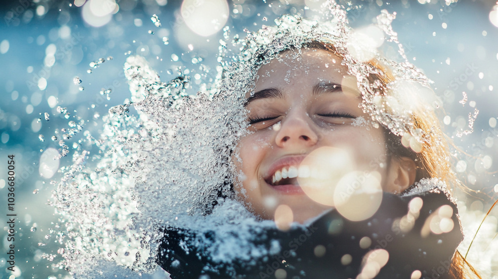 A joyful girl splashes in water, laughing amidst vibrant droplets on a sunny day A joyful girl splashes in water, laughing amidst vibrant droplets on a sunny day