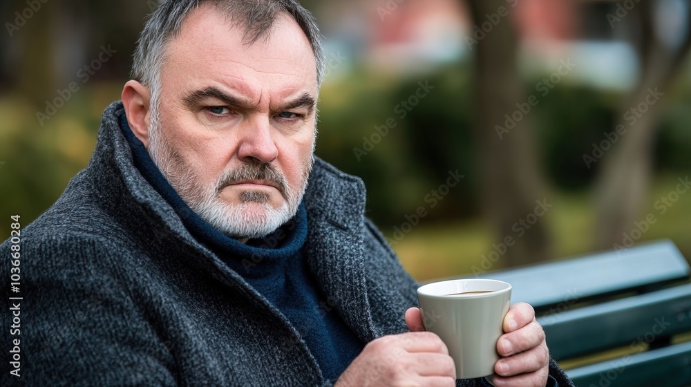 Middle-aged man with slight tremor holding cup of coffee on park bench, symbolizing struggle with Parkinson's disease, calm natural setting. Middle-aged man with slight tremor holding cup of coffee on park bench, symbolizing struggle with Parkinson's disease, calm natural setting.