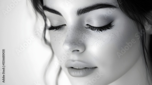 Close-up portrait of a young woman with fair skin and freckles, eyes closed, showcasing soft features and delicate makeup, against a gentle light background.