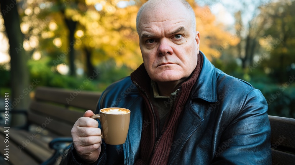 Middle-aged man with slight tremor holding cup of coffee on park bench, symbolizing struggle with Parkinson's disease, calm natural setting. Middle-aged man with slight tremor holding cup of coffee on park bench, symbolizing struggle with Parkinson's disease, calm natural setting.