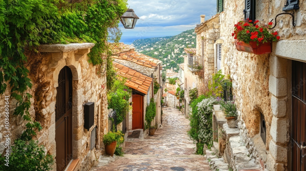 Fototapeta premium Quaint Stone Pathway in Charming Village Setting