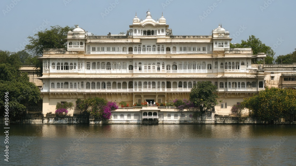 Fototapeta premium Majestic Palace on Serene Lake with Lush Gardens