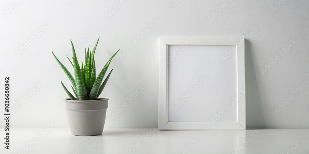 Elegant white frame mockup featuring an aloe vera plant on a desk, embodying minimalist home decor and modern aesthetics for a nature-inspired workspace with a clean background. Elegant white frame mockup featuring an aloe vera plant on a desk, embodying minimalist home decor and modern aesthetics for a nature-inspired workspace with a clean background.