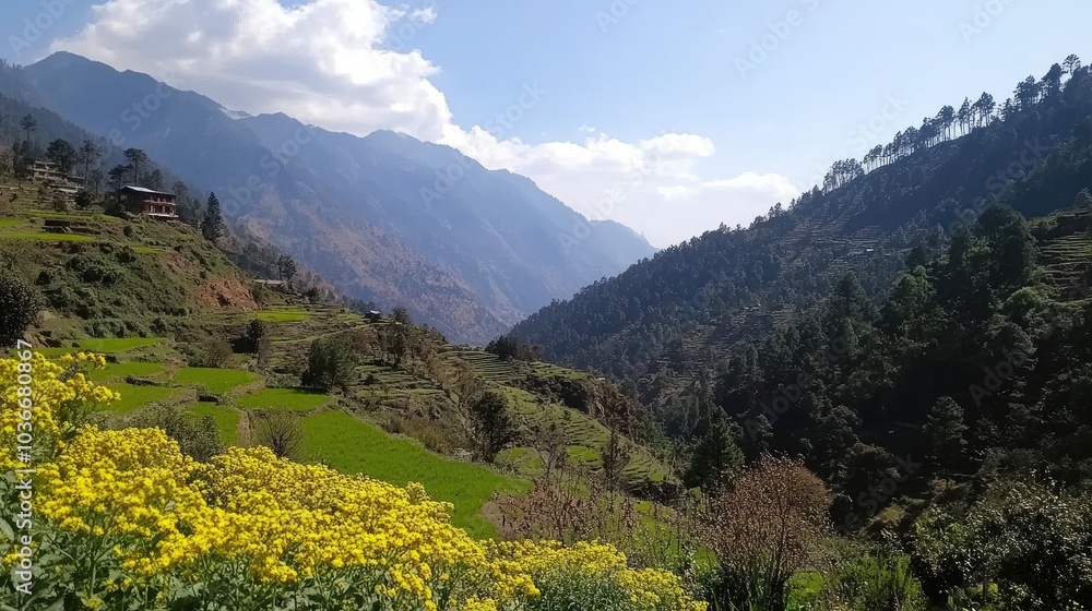 Fototapeta premium Serene Mountain Landscape with Blooming Flowers