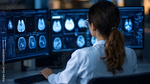 A healthcare professional analyzes medical scans on multiple screens in a diagnostic lab, focusing on patient brain imaging.