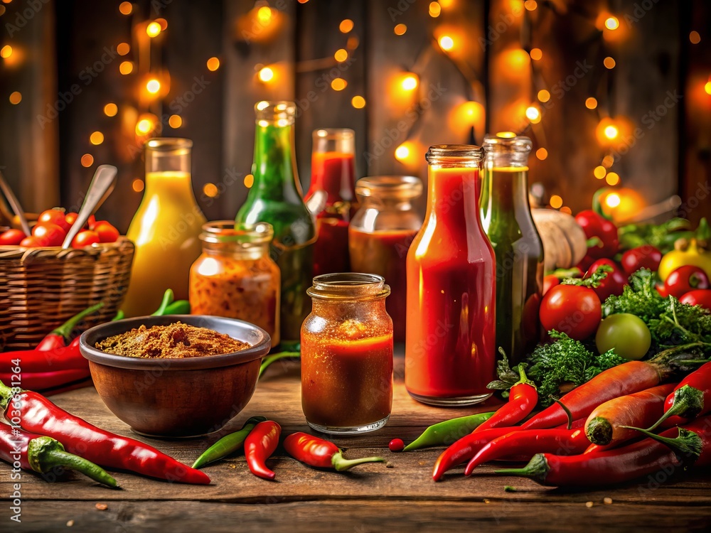 Embrace National Hot Sauce Day with a spicy spread of tantalizing dishes, vibrant sauces, fiery heat, bright colors, and an inviting atmosphere for food enthusiasts. Embrace National Hot Sauce Day with a spicy spread of tantalizing dishes, vibrant sauces, fiery heat, bright colors, and an inviting atmosphere for food enthusiasts.