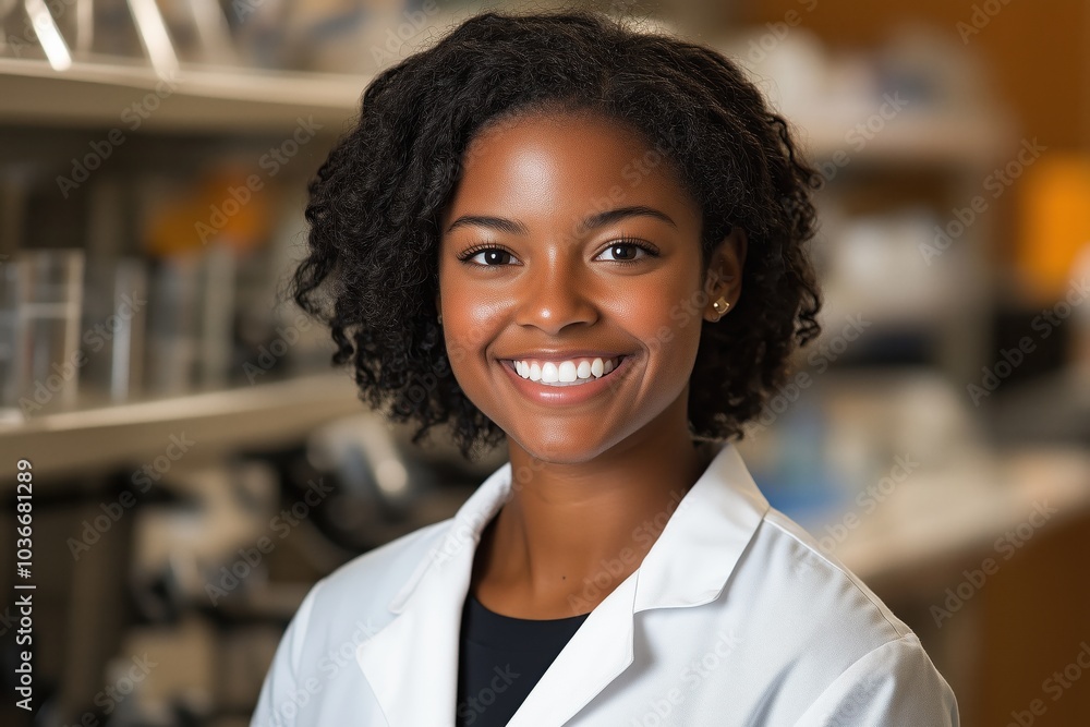 A confident young female scientist smiles brightly in a modern laboratory setting. Generative AI A confident young female scientist smiles brightly in a modern laboratory setting. Generative AI