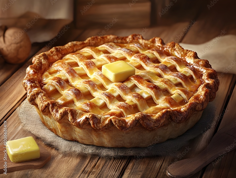 Freshly Baked Homemade Pie with Golden Flaky Lattice Crust on Rustic Wooden Table
