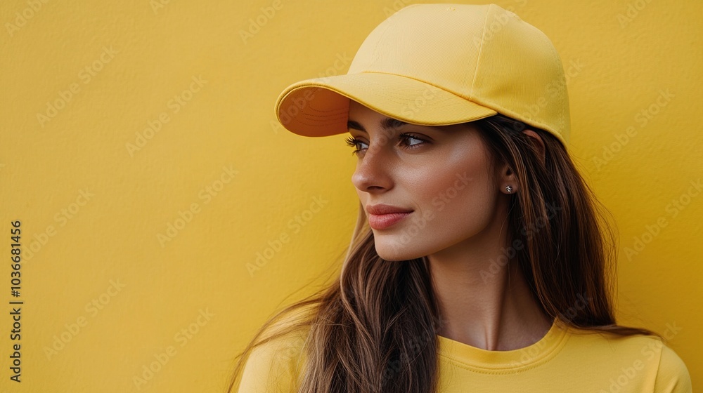 Bright Mockup of a Woman Wearing a Yellow Baseball Cap: Perfect for Fashion Branding, Eye-Catching Apparel Displays, and Creative Marketing Concepts Bright Mockup of a Woman Wearing a Yellow Baseball Cap: Perfect for Fashion Branding, Eye-Catching Apparel Displays, and Creative Marketing Concepts