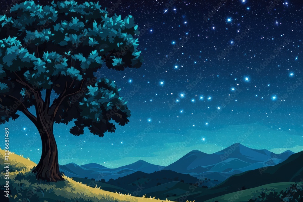 Serene Night Sky Over a Silhouetted Tree with Majestic Mountains in the Background Serene Night Sky Over a Silhouetted Tree with Majestic Mountains in the Background
