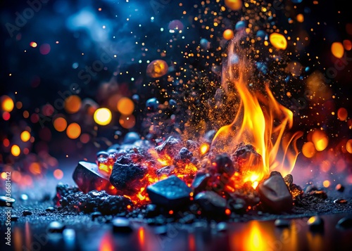 Enchanting double exposure blends glimmering embers, vibrant smoke, and flowing metal against a dark backdrop, creating a mesmerizing visual experience that captivates the senses.