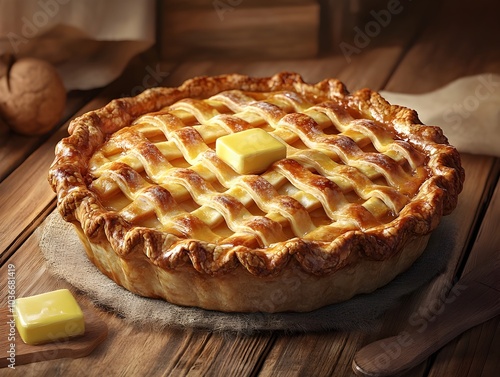 Freshly Baked Homemade Pie with Golden Flaky Lattice Crust on Rustic Wooden Table
