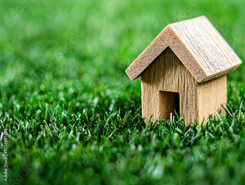 A Tranquil Wooden House Figurine Nestled on Lush Green Grass Representing Home and Comfort