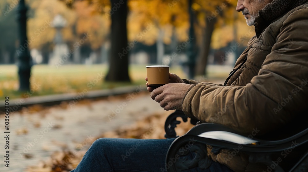 Middle-aged man with slight tremor holding cup of coffee on park bench, symbolizing struggle with Parkinson's disease, calm natural setting. Middle-aged man with slight tremor holding cup of coffee on park bench, symbolizing struggle with Parkinson's disease, calm natural setting.