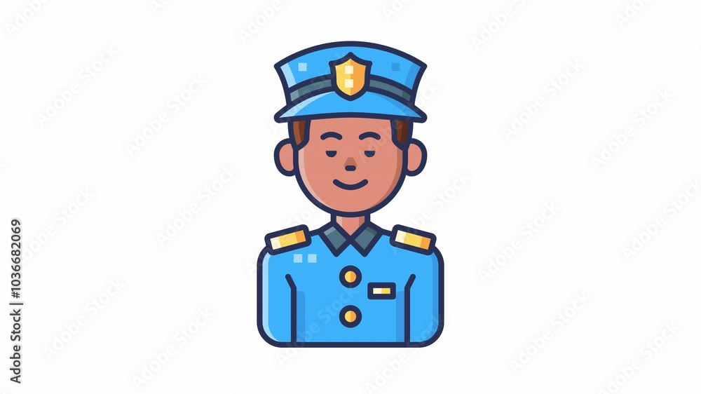 Animated avatar of a male police officer with a blue uniform and cap, representing law enforcement. Animated avatar of a male police officer with a blue uniform and cap, representing law enforcement.