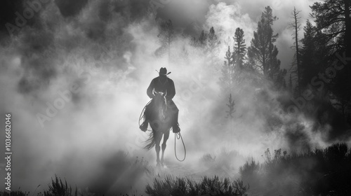 Cowboy riding through misty forest