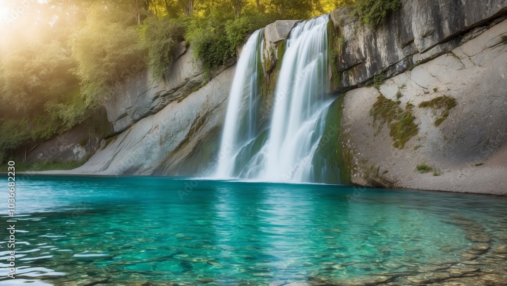 Naklejka premium Serene Waterfall and Crystal Clear Water.