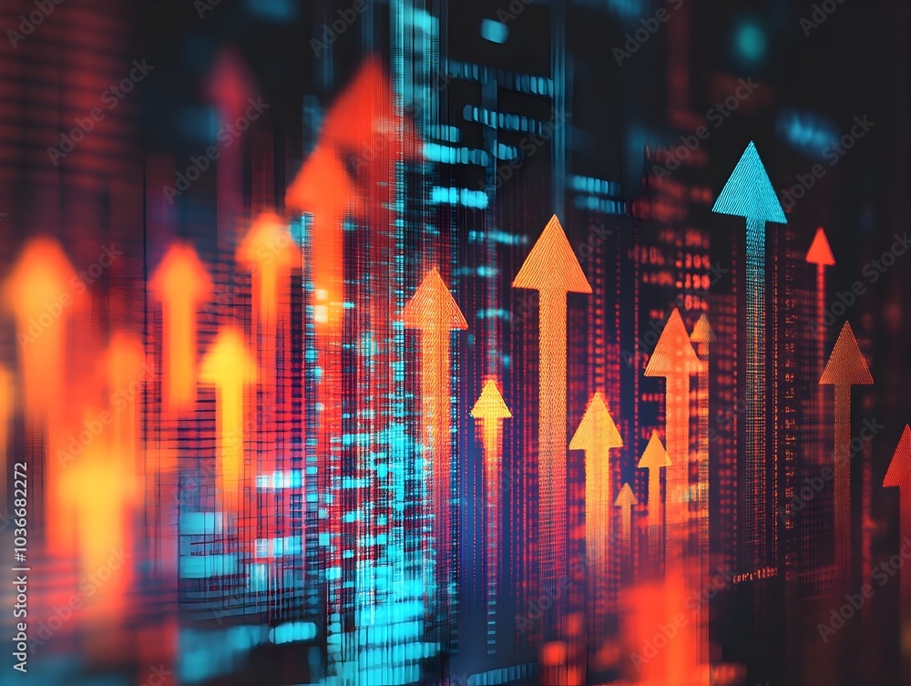 Dynamically Rising Financial Arrows in Colorful Neon Cityscape Background Representing Growth Profit and Success Dynamically Rising Financial Arrows in Colorful Neon Cityscape Background Representing Growth Profit and Success