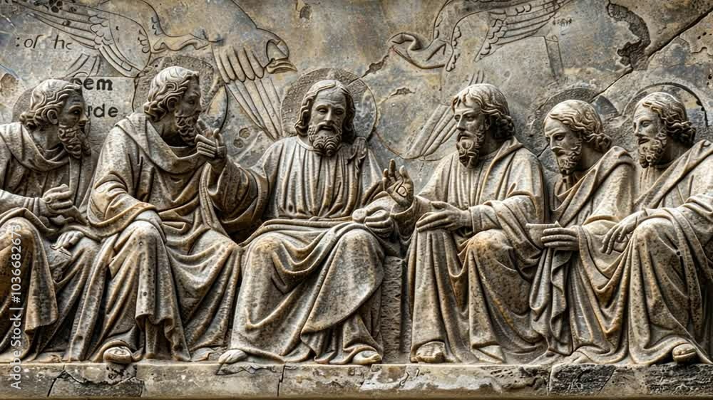Ancient religious scene depicting Jesus teaching his disciples about ...