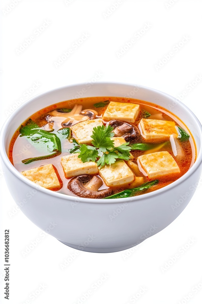 Flavorful tofu and mushroom soup with fresh greens Flavorful tofu and mushroom soup with fresh greens
