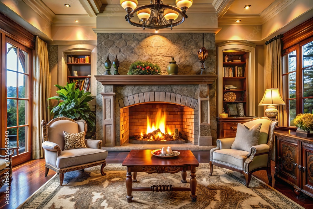 Experience a panoramic scene of a cozy fireplace with dancing flames, radiating warmth and inviting ambiance, perfect for home decor inspiration and serene relaxation. Experience a panoramic scene of a cozy fireplace with dancing flames, radiating warmth and inviting ambiance, perfect for home decor inspiration and serene relaxation.