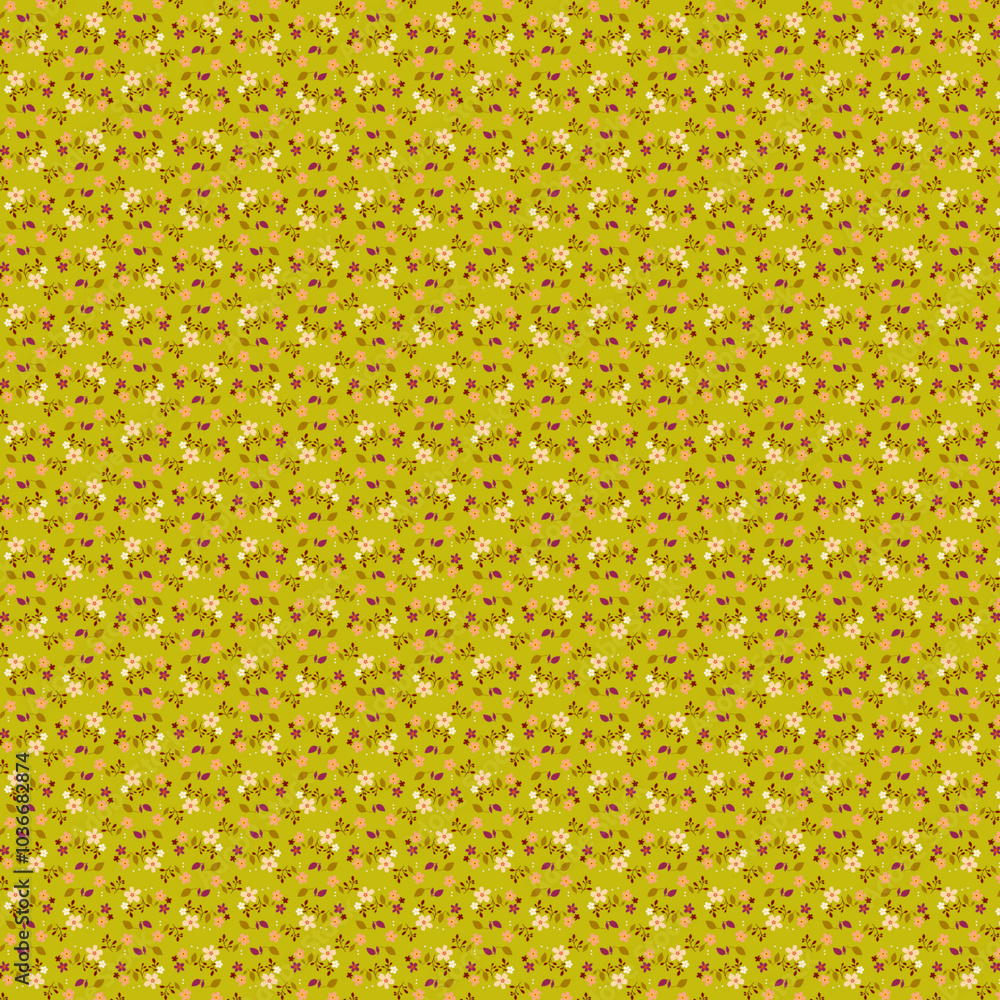 Modest small floral pattern Tiny white peach purple wild flowers Rustical orange background Simple country style Modest small floral pattern Tiny white peach purple wild flowers Rustical orange background Simple country style