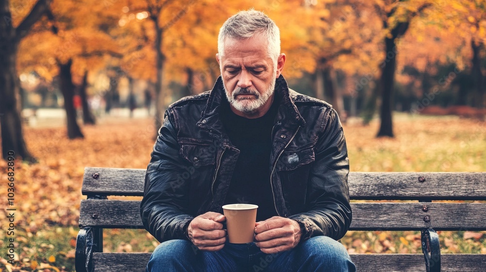 Middle-aged man with slight tremor holding cup of coffee on park bench, symbolizing struggle with Parkinson's disease, calm natural setting. Middle-aged man with slight tremor holding cup of coffee on park bench, symbolizing struggle with Parkinson's disease, calm natural setting.