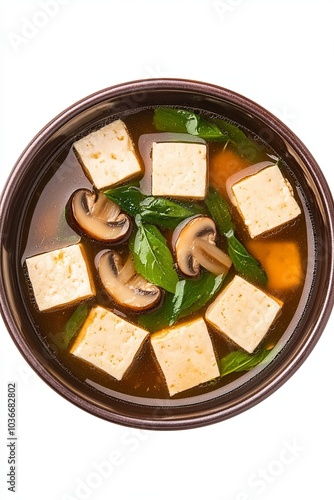 Delicious tofu soup with mushrooms and greens