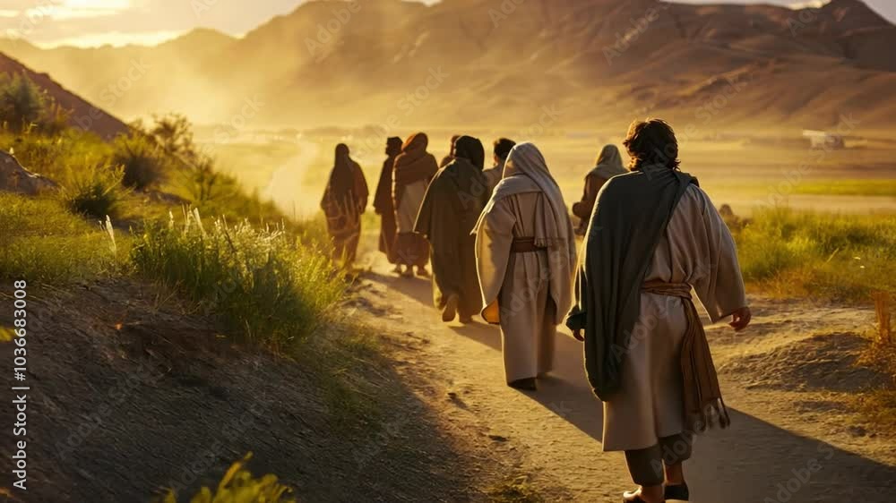 Biblical scene showing Jesus walking with his disciples through a desert landscape, discussing God word