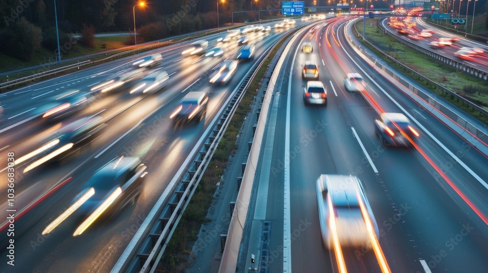 High-speed highway with motion blur of vehicles at dusk High-speed highway with motion blur of vehicles at dusk