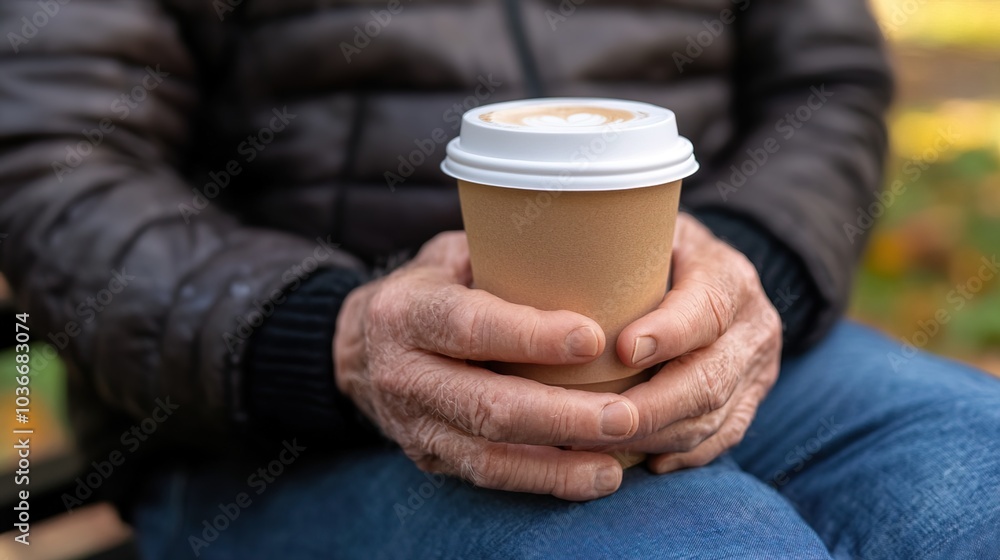 Middle-aged man with slight tremor holding cup of coffee on park bench, symbolizing struggle with Parkinson's disease, calm natural setting. Middle-aged man with slight tremor holding cup of coffee on park bench, symbolizing struggle with Parkinson's disease, calm natural setting.