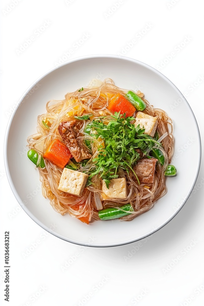 Colorful stir-fried glass noodles with vegetables and tofu Colorful stir-fried glass noodles with vegetables and tofu