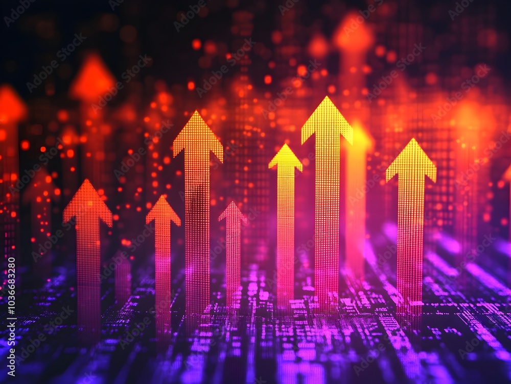 Bright Arrows Pointing Upwards in Vibrant Abstract Digital Background for Business Growth Market Strategy and Finance Trends Bright Arrows Pointing Upwards in Vibrant Abstract Digital Background for Business Growth Market Strategy and Finance Trends