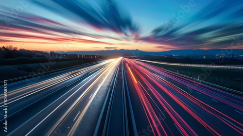 High-speed highway with motion blur of vehicles at dusk