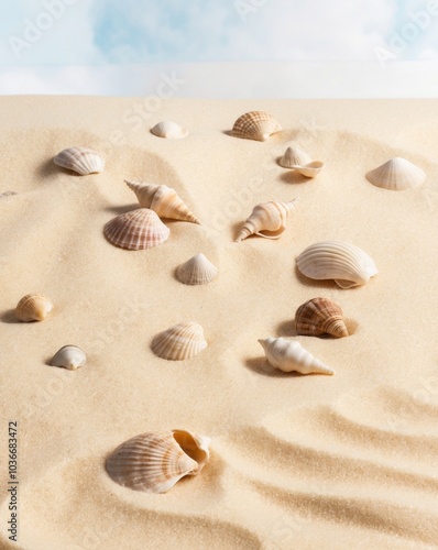 A sandy beach adorned with diverse seashells and shells scattered atop.