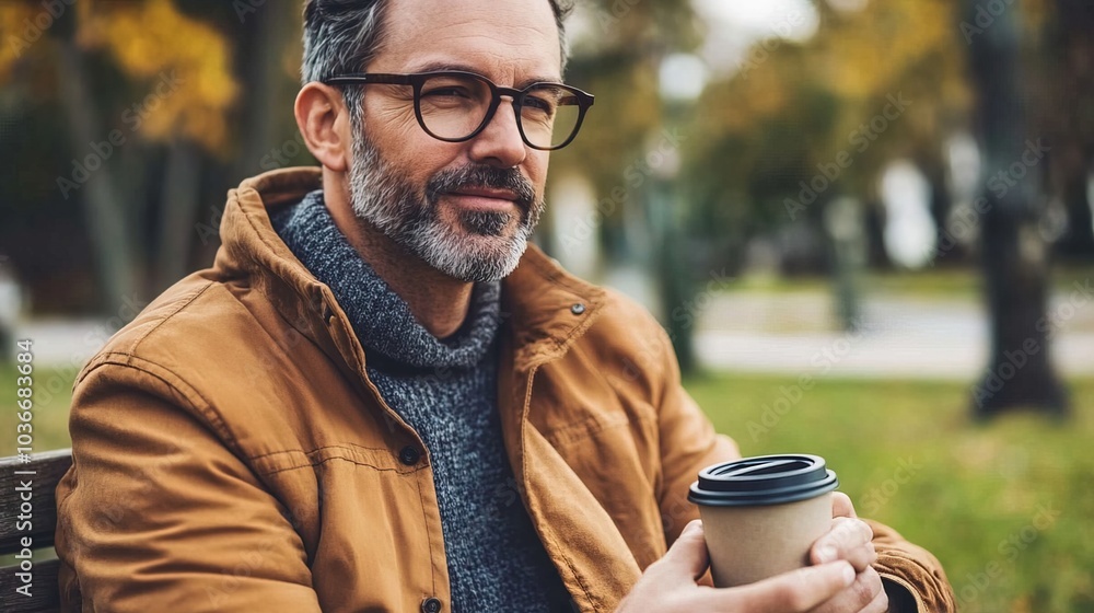 Middle-aged man with slight tremor holding cup of coffee on park bench, symbolizing struggle with Parkinson's disease, calm natural setting. Middle-aged man with slight tremor holding cup of coffee on park bench, symbolizing struggle with Parkinson's disease, calm natural setting.