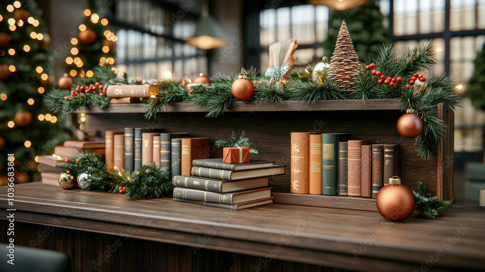 A cozy holiday-themed bookshelf adorned with garlands, ornaments, and festive decorations, creating a warm atmosphere. A cozy holiday-themed bookshelf adorned with garlands, ornaments, and festive decorations, creating a warm atmosphere.