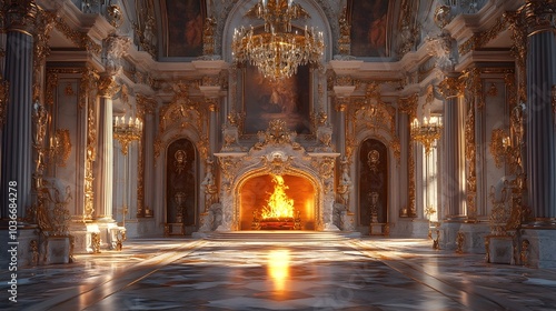 Opulent Renaissance Style Marble Fireplace in Majestic Palatial Hall
