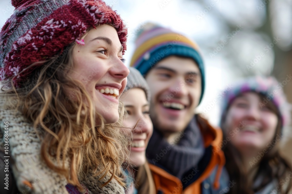 Group of friends having fun together outdoors in winter. Friendship and happiness concept. Group of friends having fun together outdoors in winter. Friendship and happiness concept.